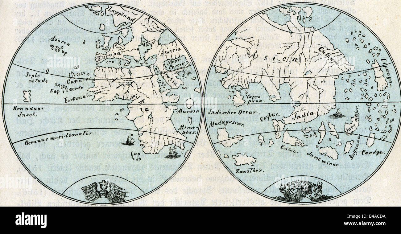Cartoraphe, Weltkarten, nach Globus von Martin Behaim, 1492 Stockfotografie - Alamy