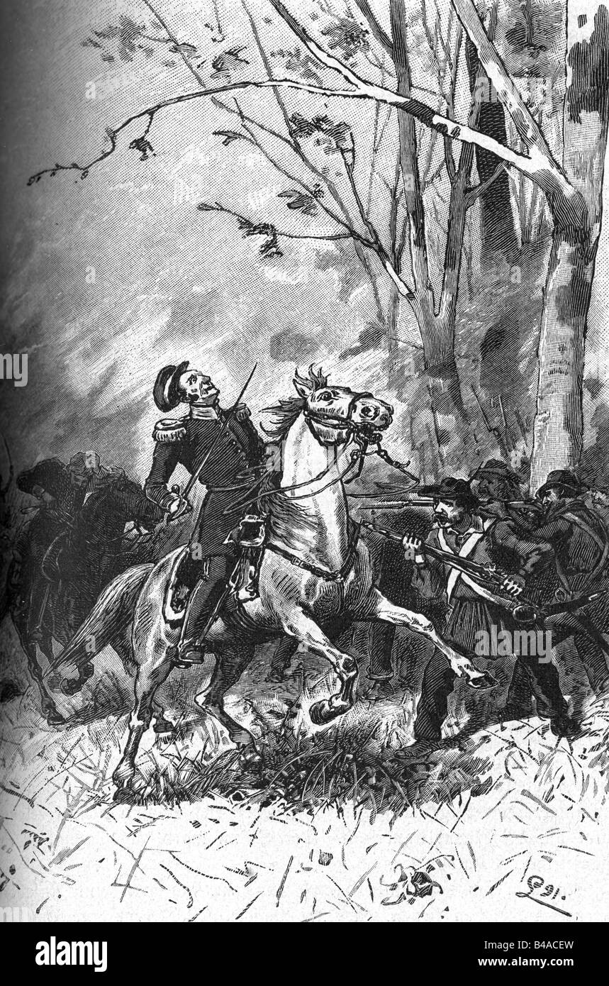 Ereignisse, Revolution 1848 - 1849, Deutschland, Baden, Hecker-Überfall, Begegnung in Kandern, 30.4.1848, Tod von General Friedrich von Gagern, Holzgravur, 1891, Revolution, Aufstand, Revolutionäre, Militär, 19. Jahrhundert, historisch, historisch, Menschen, Stockfoto