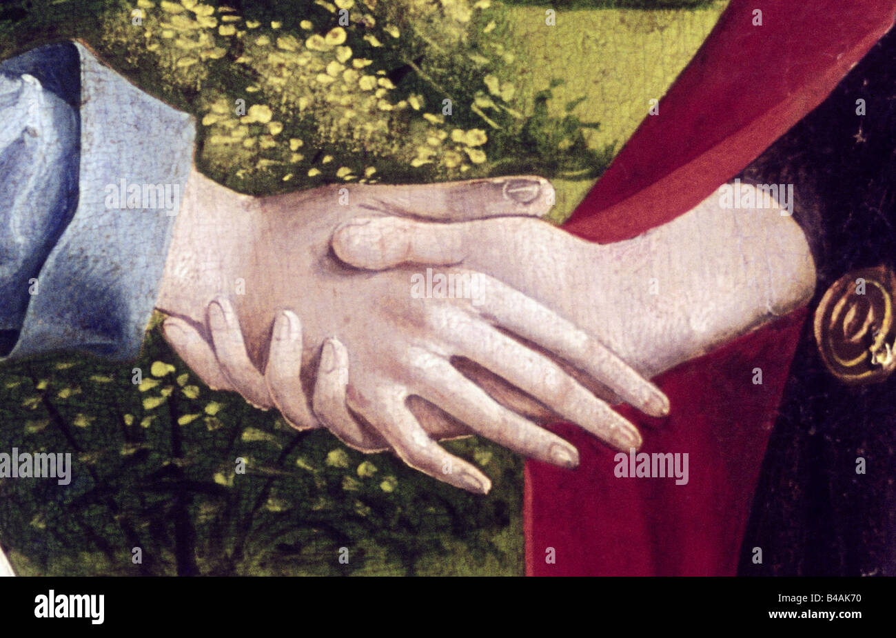 Bildende Kunst, religiöse Kunst, Malerei, Jungfrau Maria, Visitation von Elizabeth, Malerei, Meister der Visitation von Freising, Detail: Hände, 2. Hälfte 15. Jahrhundert Augsburger Dom, Deutschland,, Artist's Urheberrecht nicht gelöscht werden Stockfoto