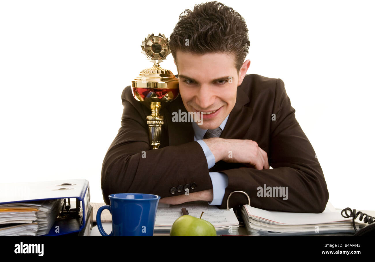 Manager mit Trophäe Stockfoto