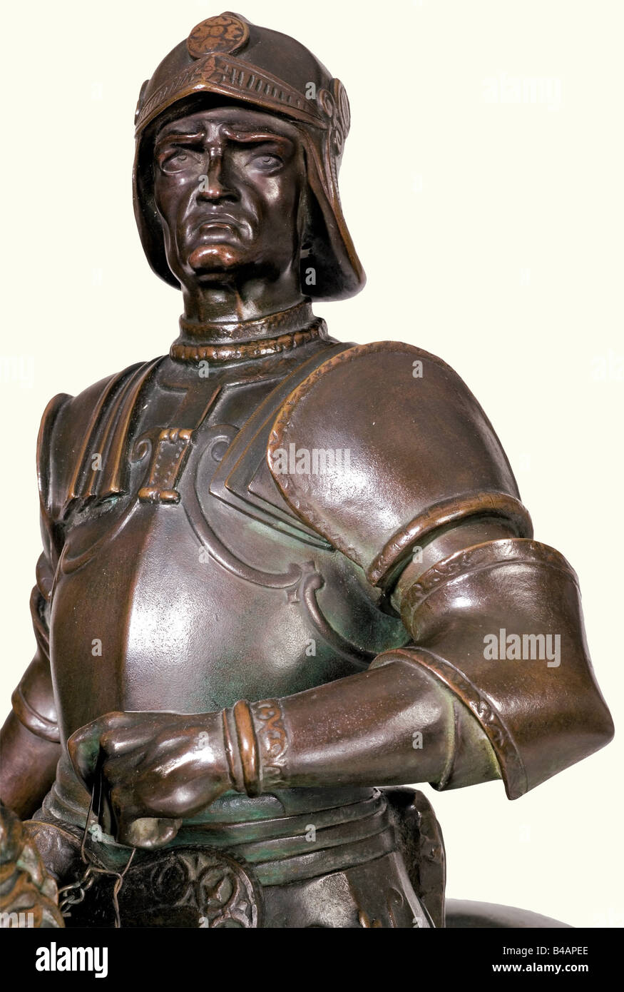 Ein Reiterstandbild von Bartolomeo Colleoni, nach dem Entwurf von Andrea del Verrocchio, 19. Jahrhundert. Bronze mit brauner Patina. Die Figur des Condottiere und des Generalleutnants der Serenissima. Auf einem quadratischen, bronzenen Sockel, darauf das Gießereietikett "Guss R. Stotz Stuttgart". Die Zügel sind an beweglichen Ketten montiert, an der Hand mit Draht repariert. Höhe (inkl. Sockel) 65 cm. Das berühmte Modell von Verrocchio (1435 - 1488) befindet sich auf dem Campo Santi Giovanni e Paolo in Venedig: Menschen, 15. Jahrhundert, Kunst, Staatlichkeit, Figurine, Figurinen, Statuetten, Scul, Stockfoto