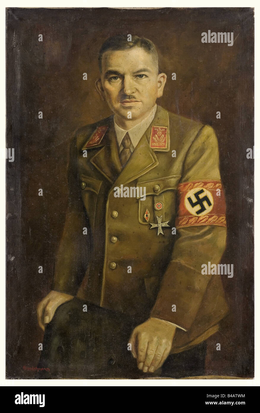 Hugo Lehmann - ein Porträt von Gauleiter Fritz Reinhardt., Öl auf Leinwand, unten links rot signiert "Hugo Lehmann". 91,5 x 60,5 cm. Darstellung Reinhardts in Parteiuniform in seiner Studie Hände auf der Rückenlehne seines Bürostuhls. Fritz Reinhardt, Gauleiter von Oberbayern von 1928 bis 1930, 1933 Staatssekretär im Reichsamt Finanzen und Designer des sogenannten Reinhardt-Programms, das die hohe Arbeitslosigkeit durch fiskalische Maßnahmen eindämmen sollte, im selben Jahr Ernennung zum SA-Gruppenführer, 1937 SA-Obergruppenführer. Hugo Lehmann war ein Düs, Stockfoto