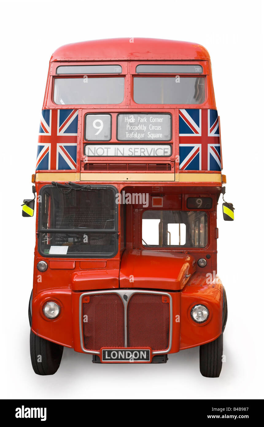 Eine isolierte London-Bus mit zwei Union-Buchsen auf der Vorderseite Stockfoto