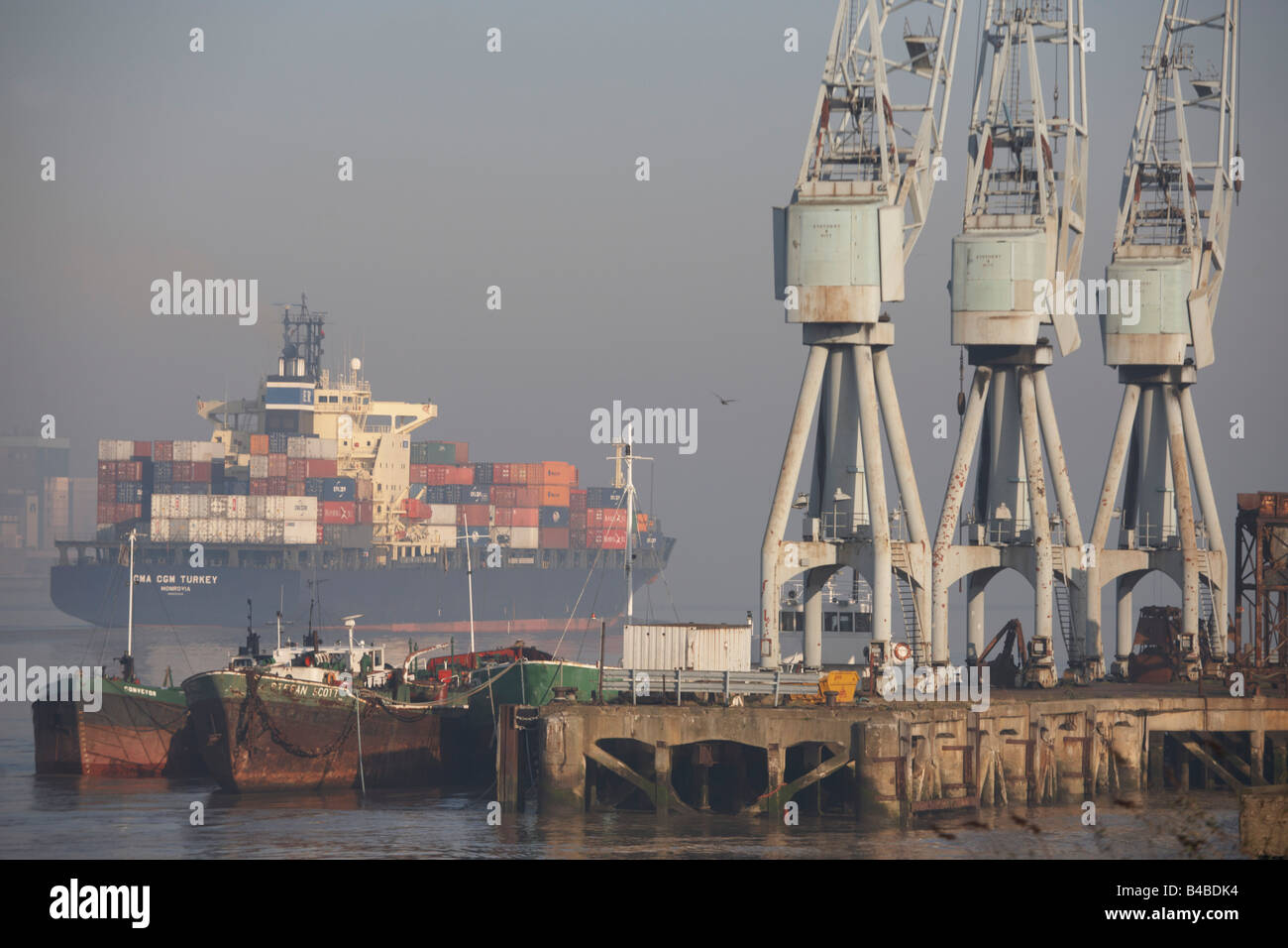 Riesigen Container-Frachtschiff auf der Themse erleichtert flussabwärts im Nebel vorbei an alten Dock-Krane in Gravesend in Richtung offenes Meer Stockfoto