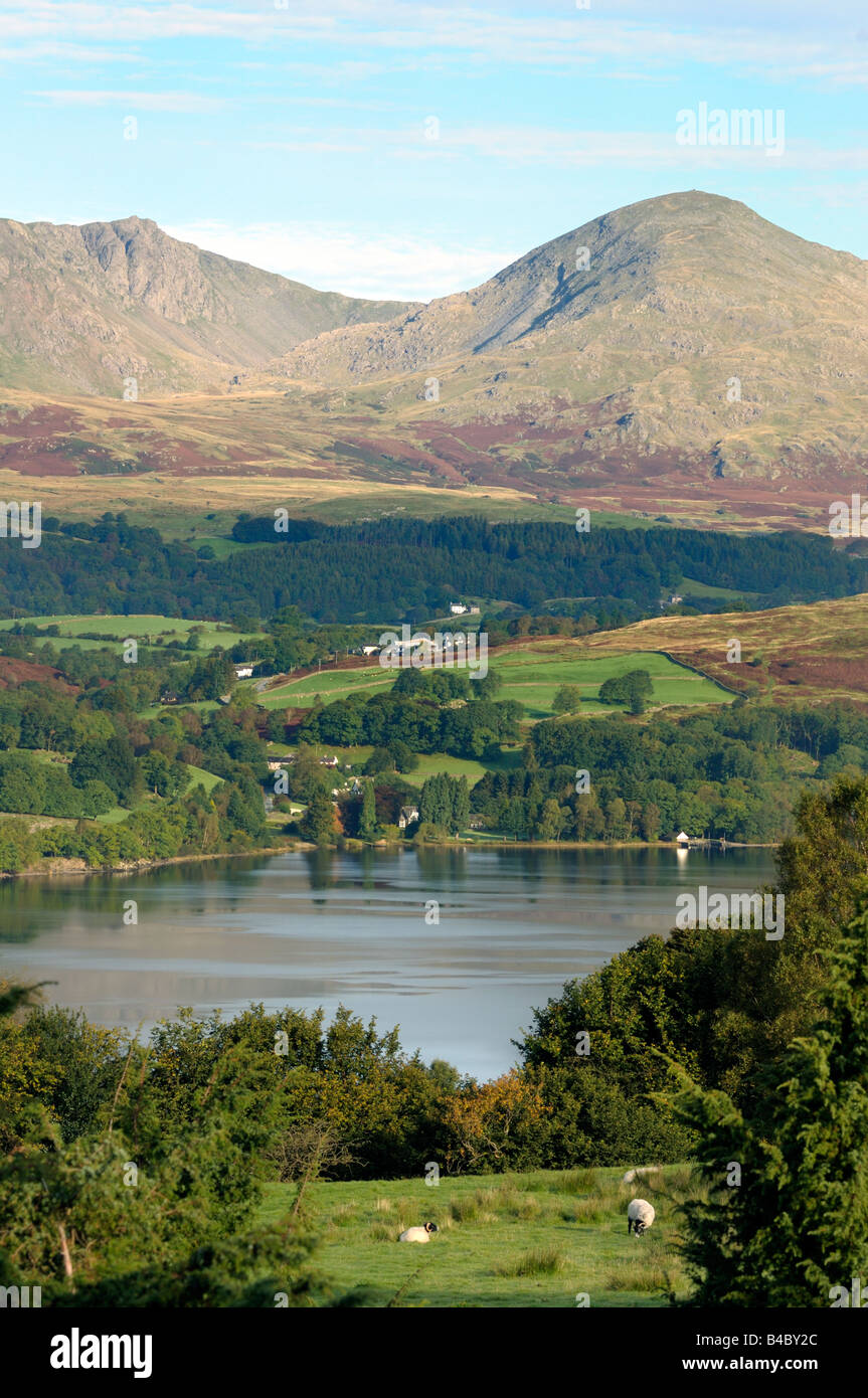 Einen malerischen Blick auf Coniston Water, The Old Man of Coniston, Walna Narbe und die Coniston fells Stockfoto