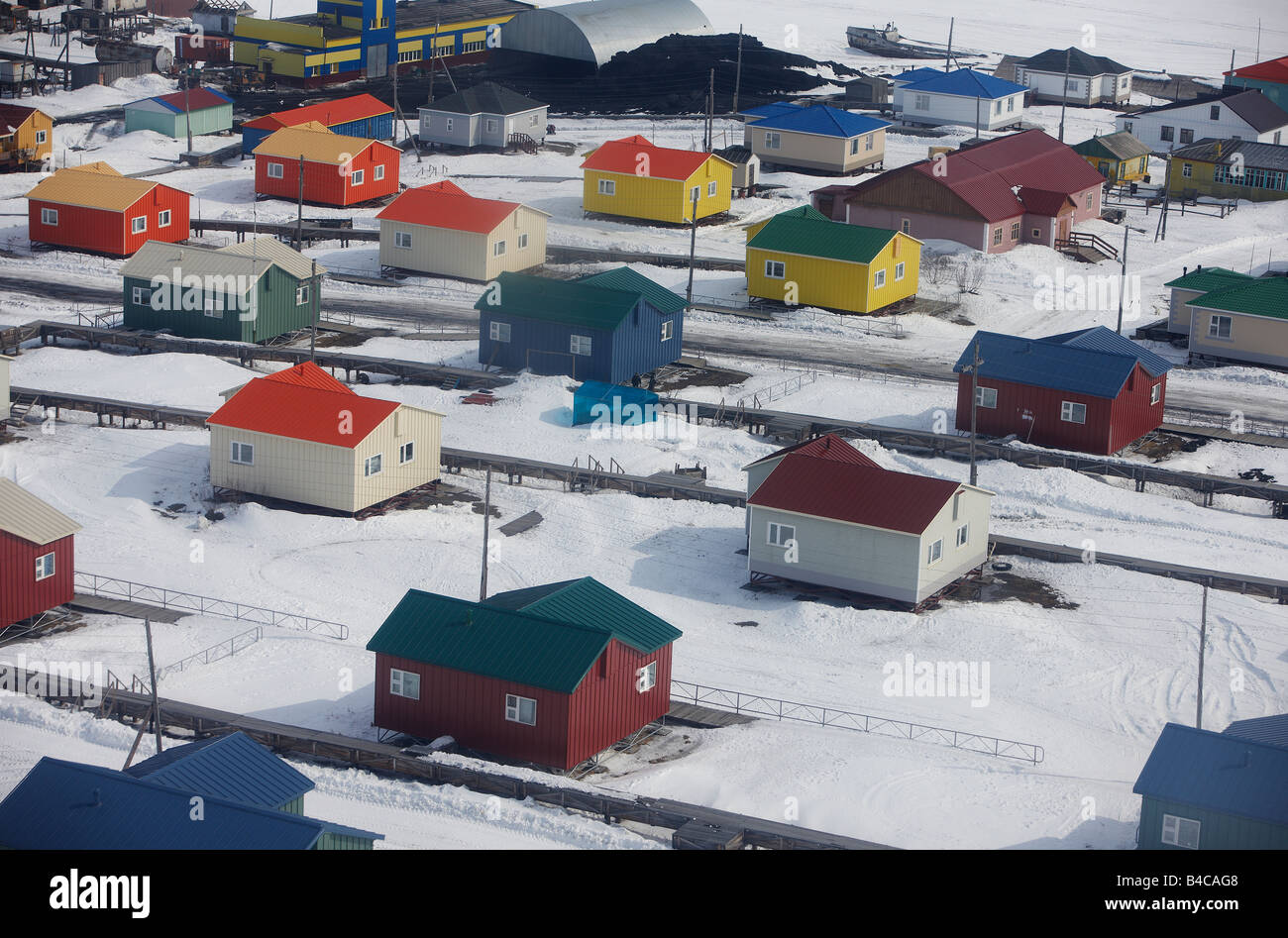 Neu gebaute Häuser in Kanchalan, Tschukotka Sibirien, Russland Stockfoto