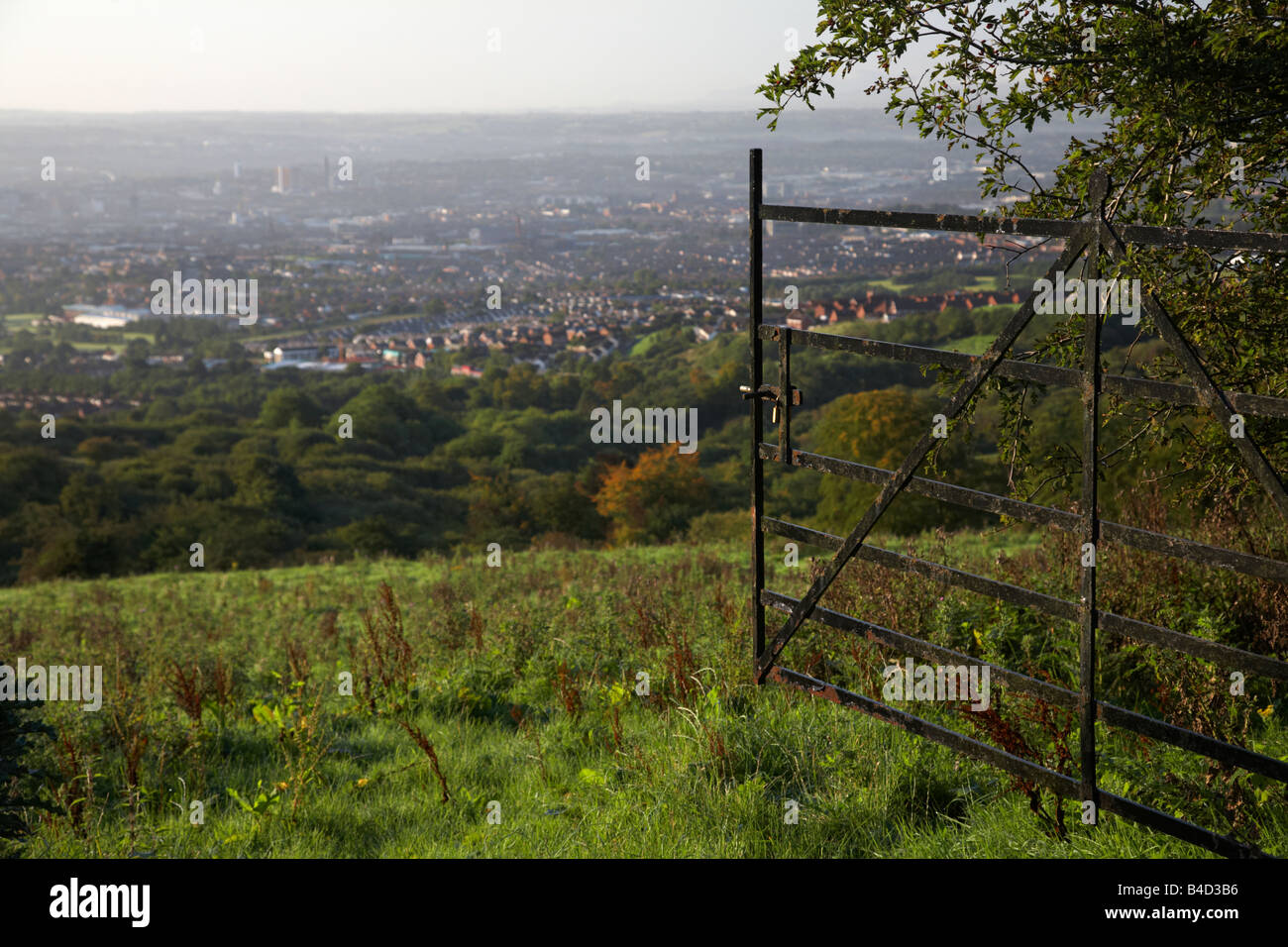 Metalltor bewachsenen Feld mit Blick auf Belfast City aus den Hügeln Belfast Nordirland zu öffnen Stockfoto