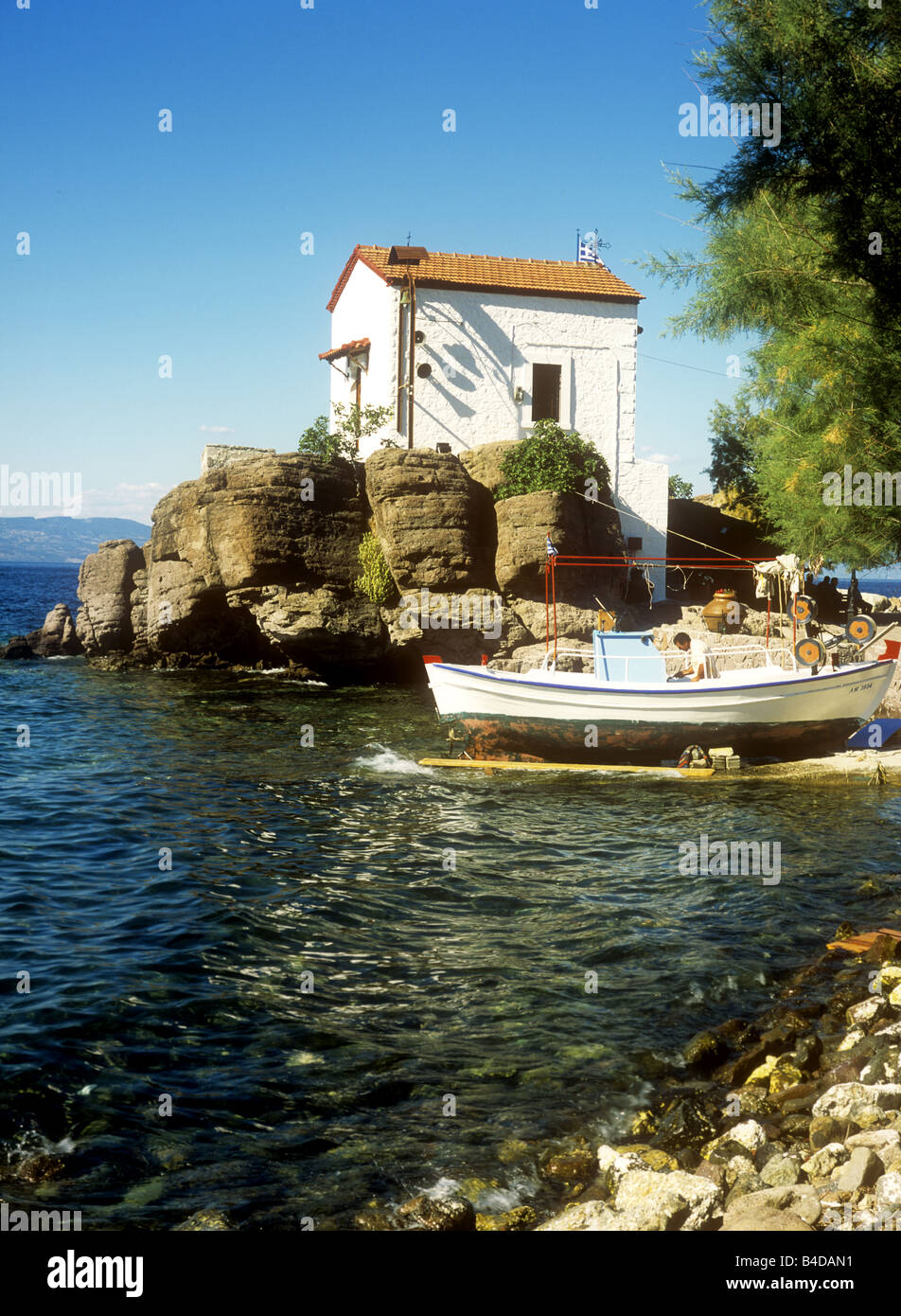 Kirche Panagia Gorgona Skala Sikaminias auf der griechischen Insel Lesbos, Nord-Ost-Ägäis, Griechenland Stockfoto