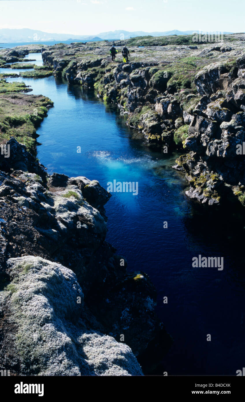 Taucher am Silfra Schlucht am Nationalpark Thingvellir, Island Stockfoto