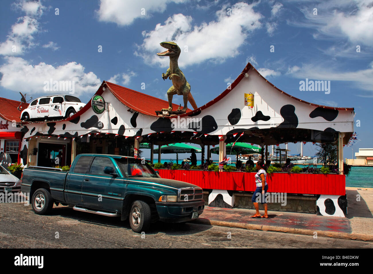West Indies Aruba Oranjestadt Bar Cafe The Paddock Dino auf dem Dach Stockfoto
