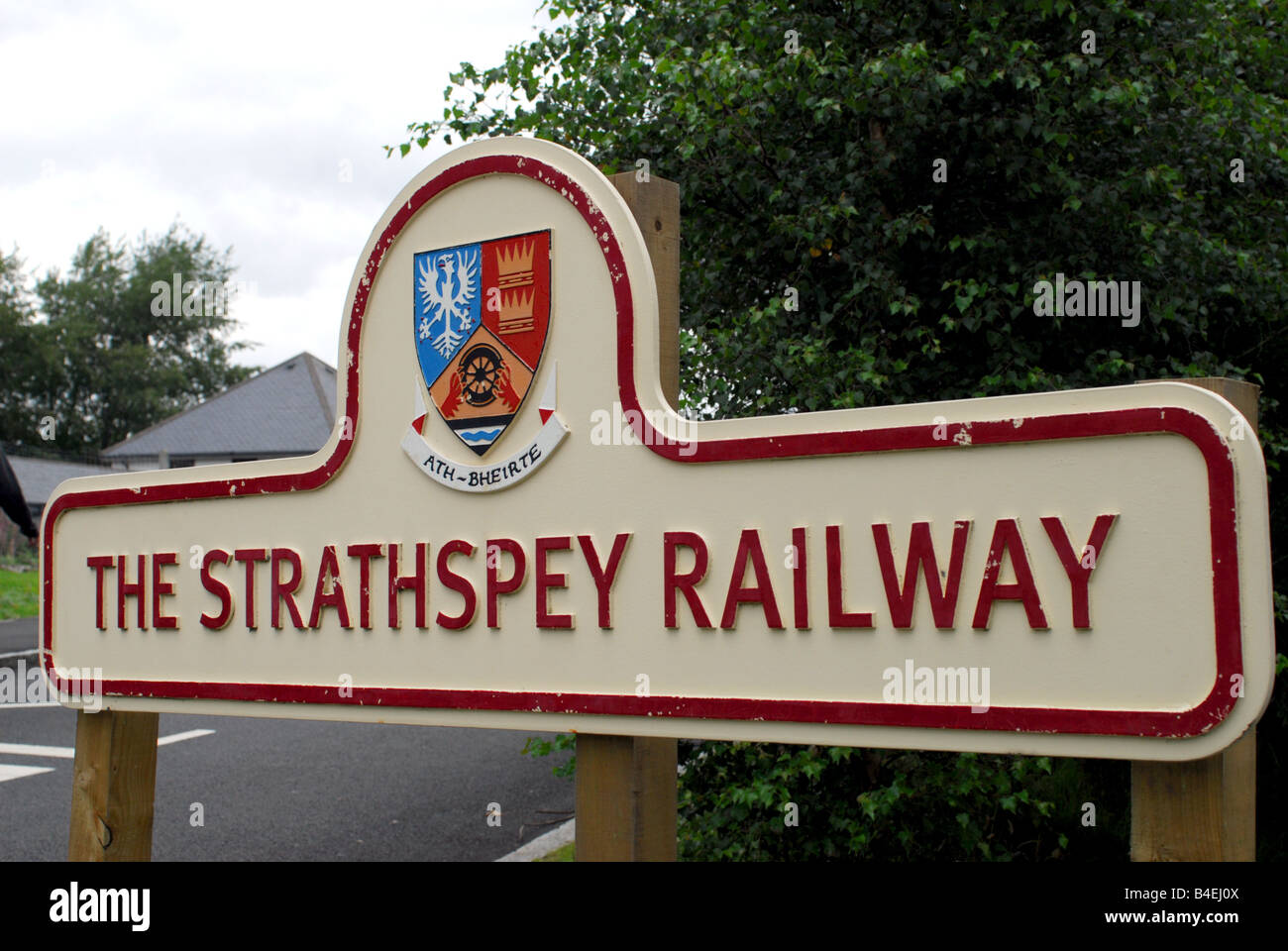 Schilder am Eingang der Strathspey Railway in Aviemore Stockfoto