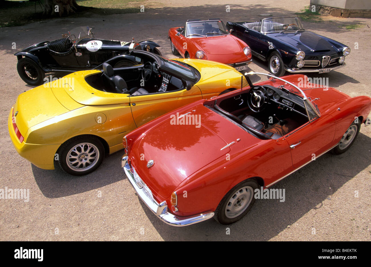 Auto, 90 Jahre Alfa Romeo, Landschaft, Natur, Sommer, Oldtimer, 1960er Jahre, sechziger Jahre, von hinten nach vorne:: Giulietta Spider Veloce Stockfoto