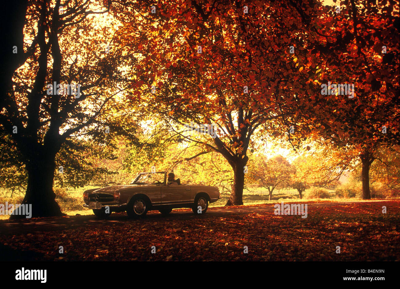 Auto, Mercedes 280 SL Pagode, Cabrio, Modell Jahr 1968, Oldtimer, 1960er Jahre, sechziger Jahre, stehend, schräge Front, Seitenansicht, Aut Stockfoto