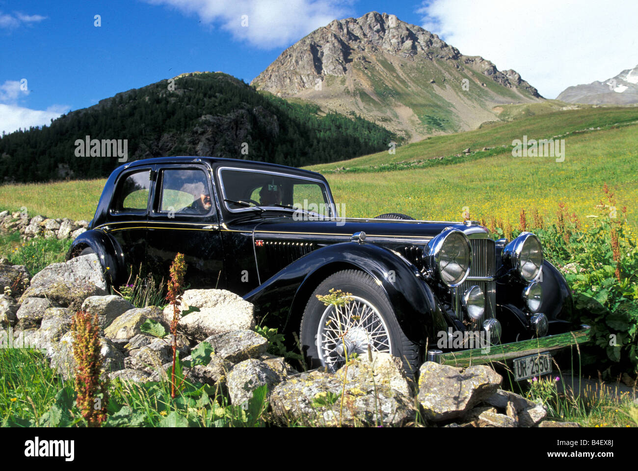 Auto, Alvis, Oldtimer, Limousine, schwarz, Baujahr 1940, 1940er Jahre, vierziger Jahre, stehend, schräge Front, Vorderansicht, Landschaft, Szene Stockfoto