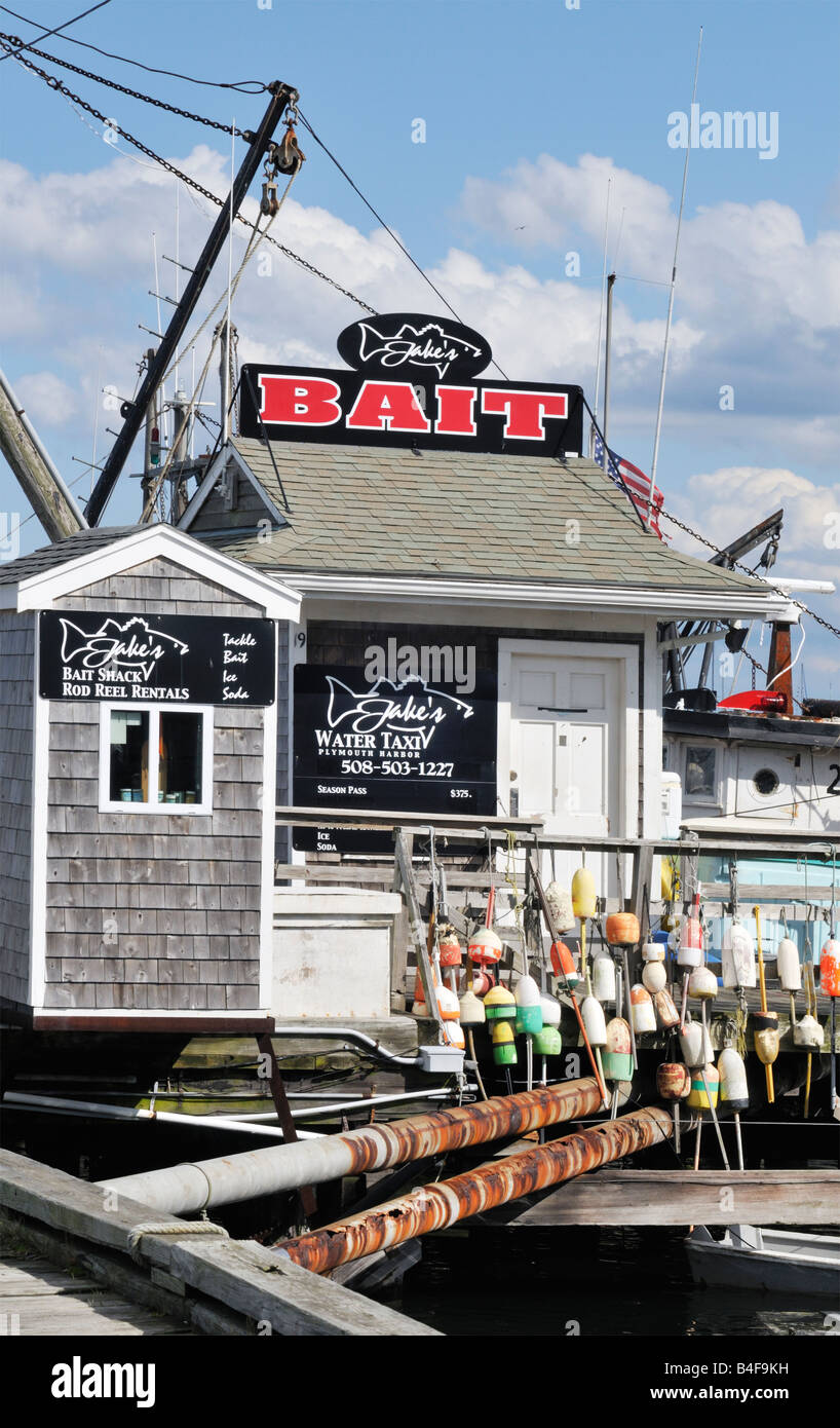 Köder-Hütte mit bunten Hummer Bojen im historischen Hafen von Plymouth, Massachusetts, New England USA Stockfoto