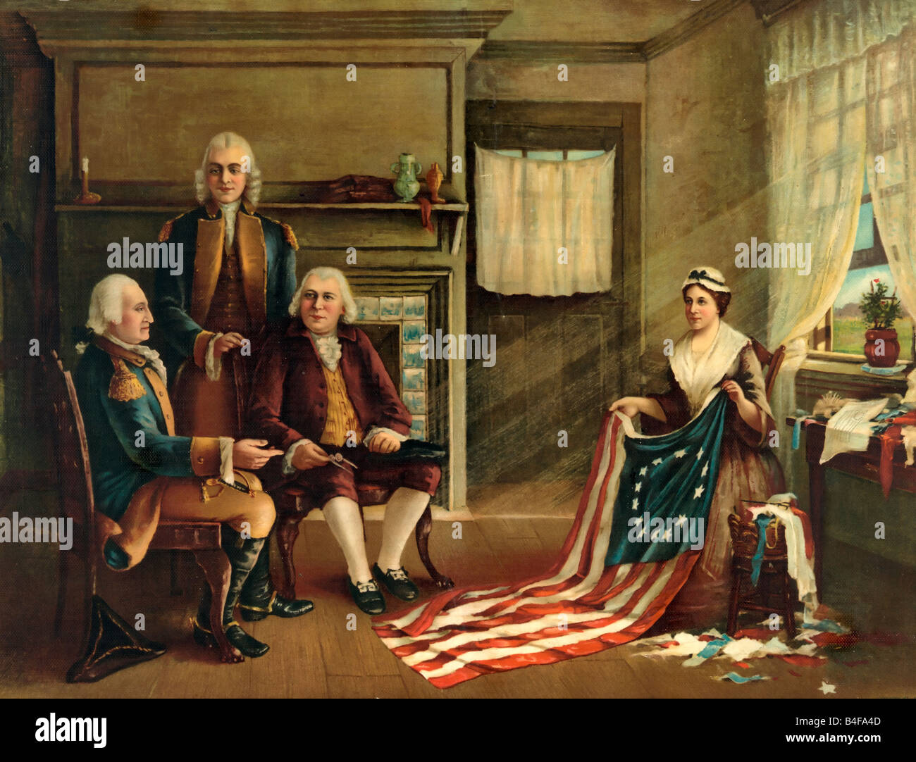 Geburt unserer Nationen Flagge - Betsy Ross macht die erste amerikanische Flagge Stockfoto
