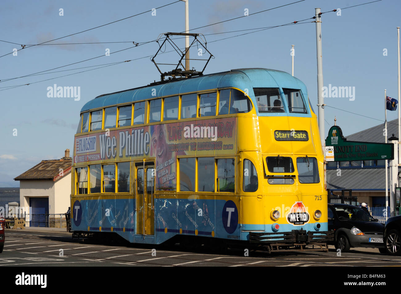 Ballon Auto Straßenbahn Nummer 715, Blackpool und Fleetwood Straßenbahn. Fleetwood, Lancashire, England, Vereinigtes Königreich, Europa. Stockfoto