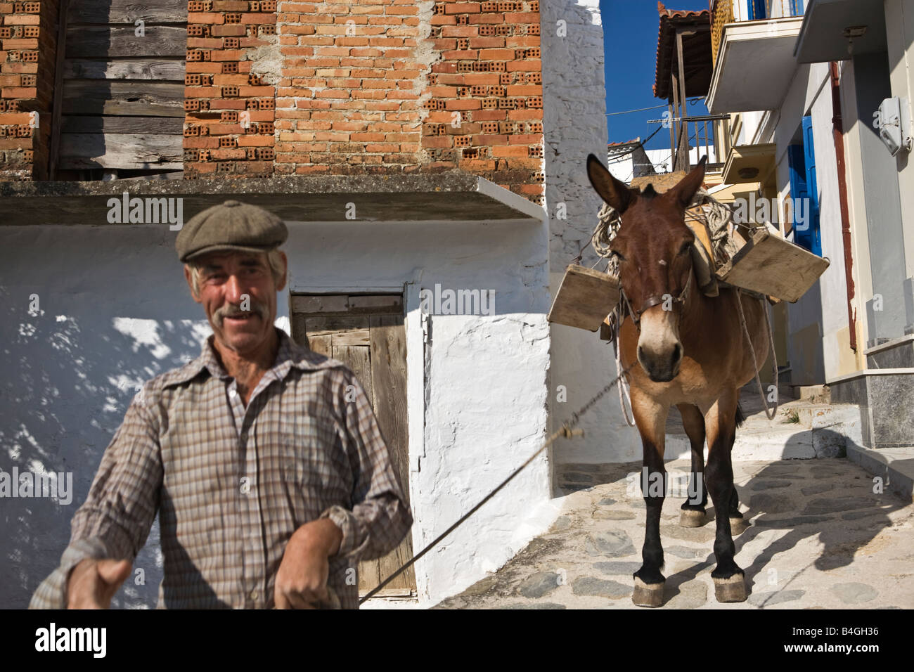 Ein griechischer Mann zieht seinen Esel in Skopelos Altstadt griechische Inseln Griechenland Stockfoto