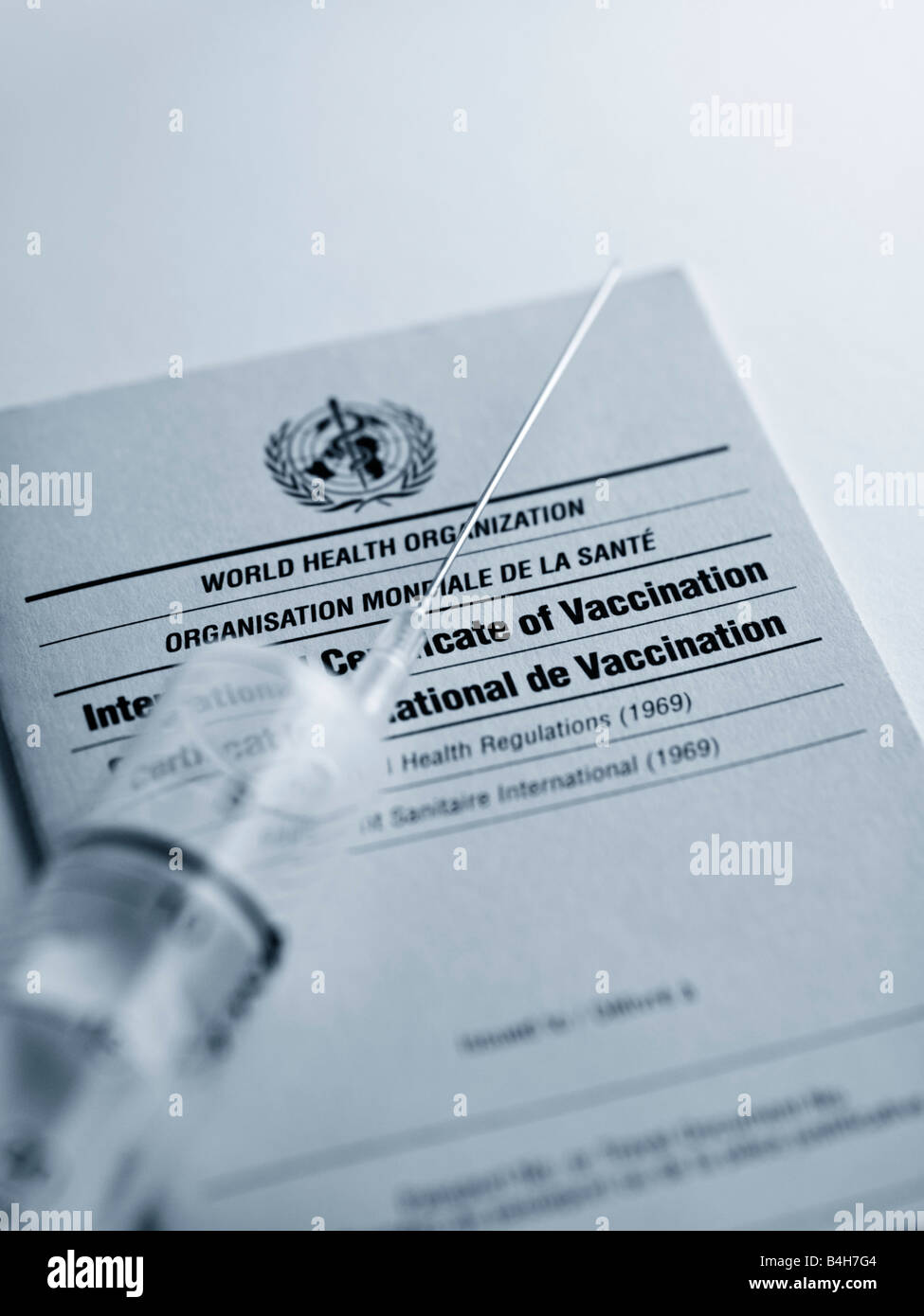 Nahaufnahme der Spritze auf Impfpass Stockfoto