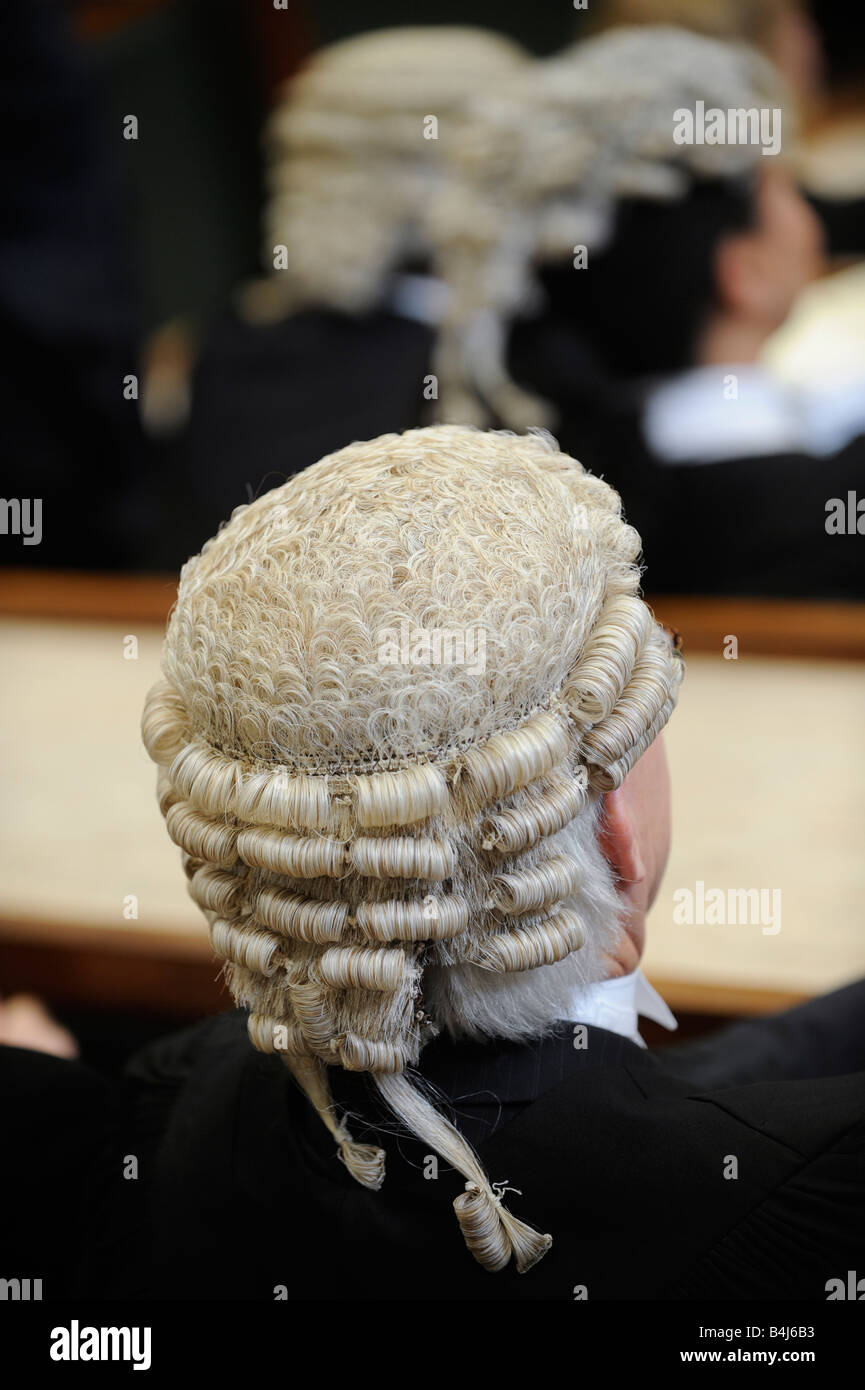 Generische Recht Gericht Bild Mitglied der Bar tragen Barristers Perücke. Stockfoto
