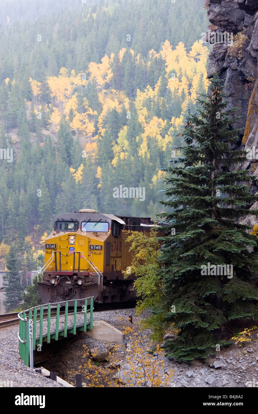 BNSF Güterzug rollt über einen Bock auf den Gleisen der Union Pacific in der Nähe von Pinecliff Colorado Stockfoto