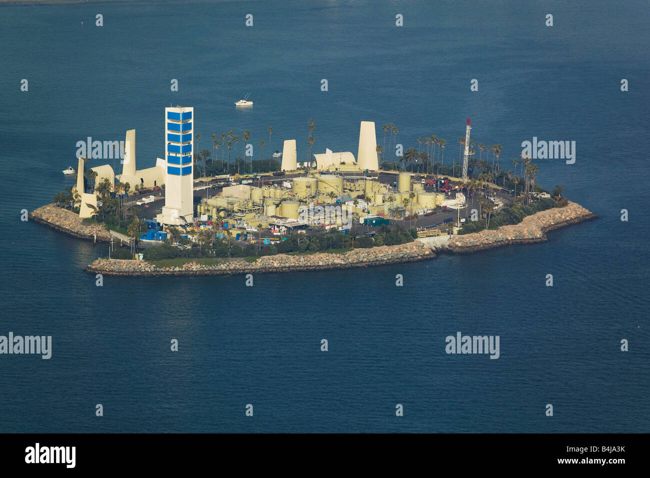 Antenne über Erdöl Plattform Insel Long Beach, Kalifornien Stockfoto