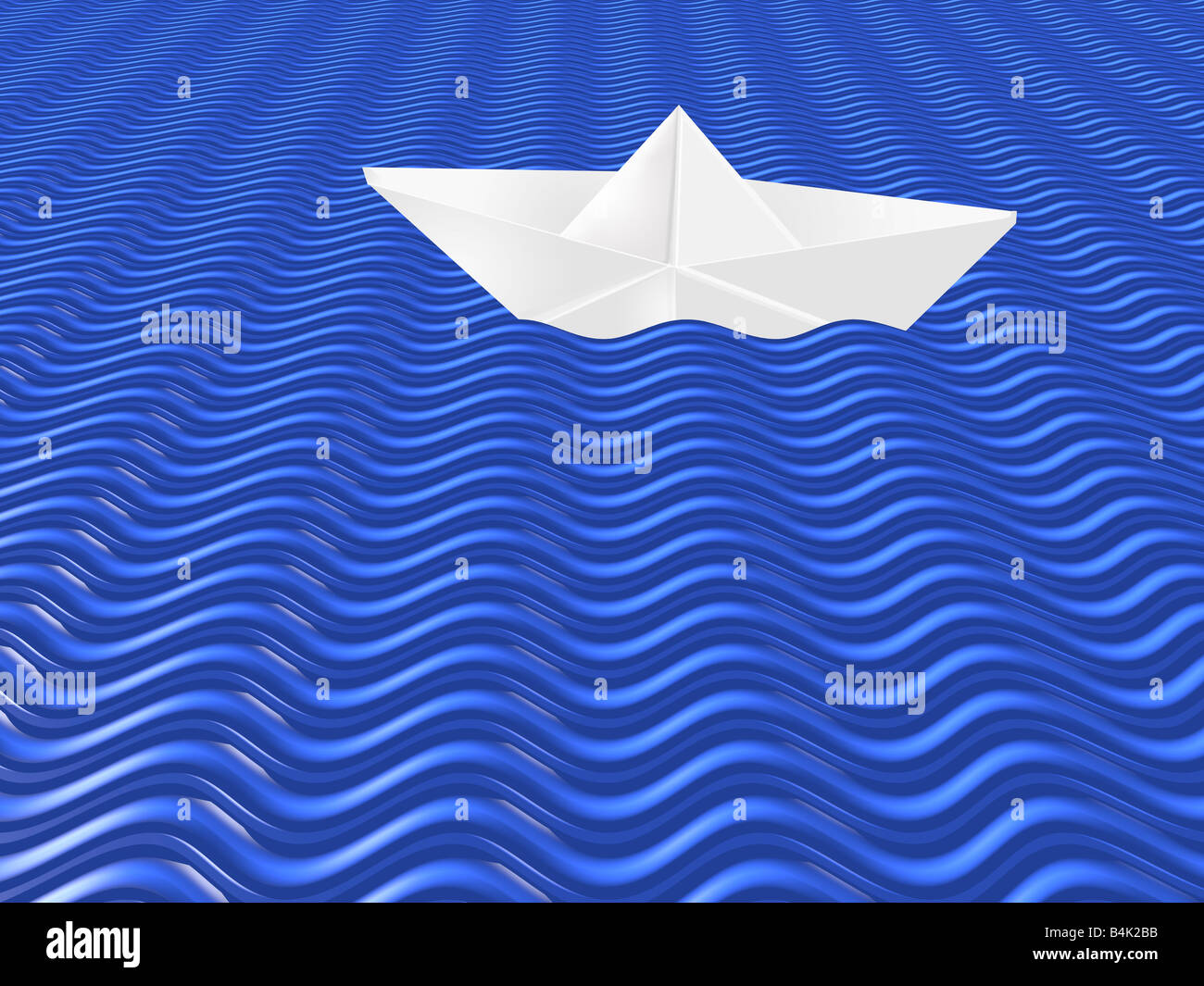 Kleines weißes Papierboot schwimmt auf blauen Wellen. Stockfoto