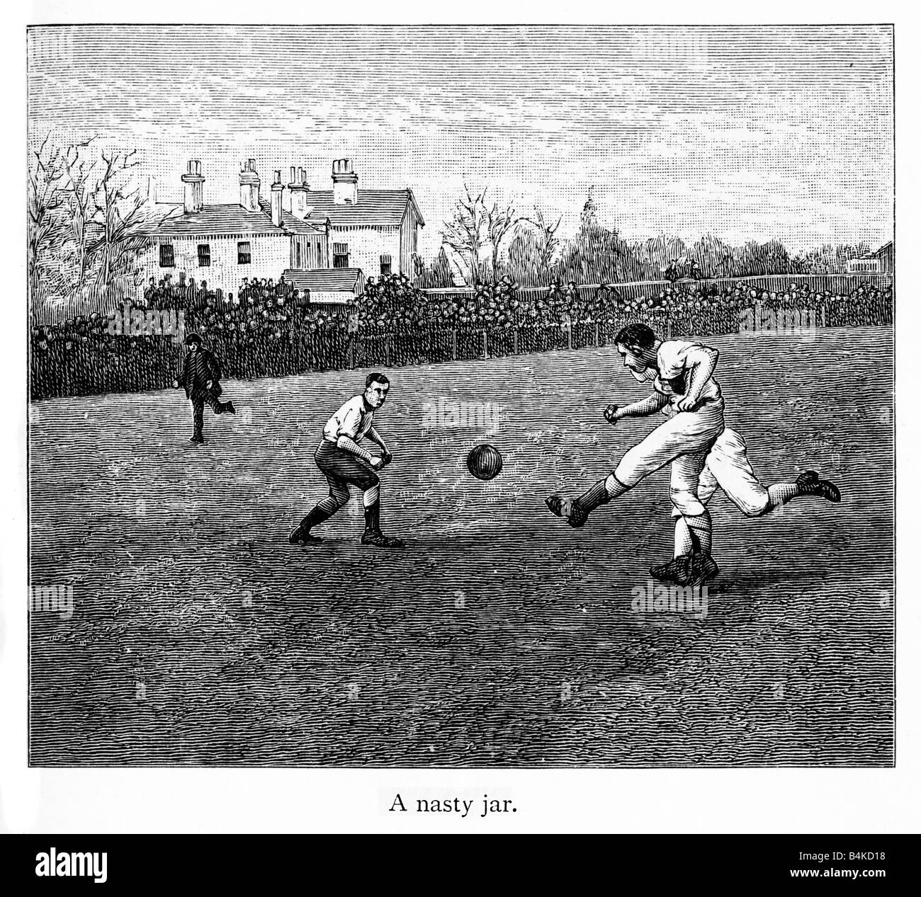 Viktorianische Fußball A Nasty Jar 1887 Gravur von einem späten Zweikampf im Fußball match Aktion aus einer zeitgenössischen Fotografie Stockfoto