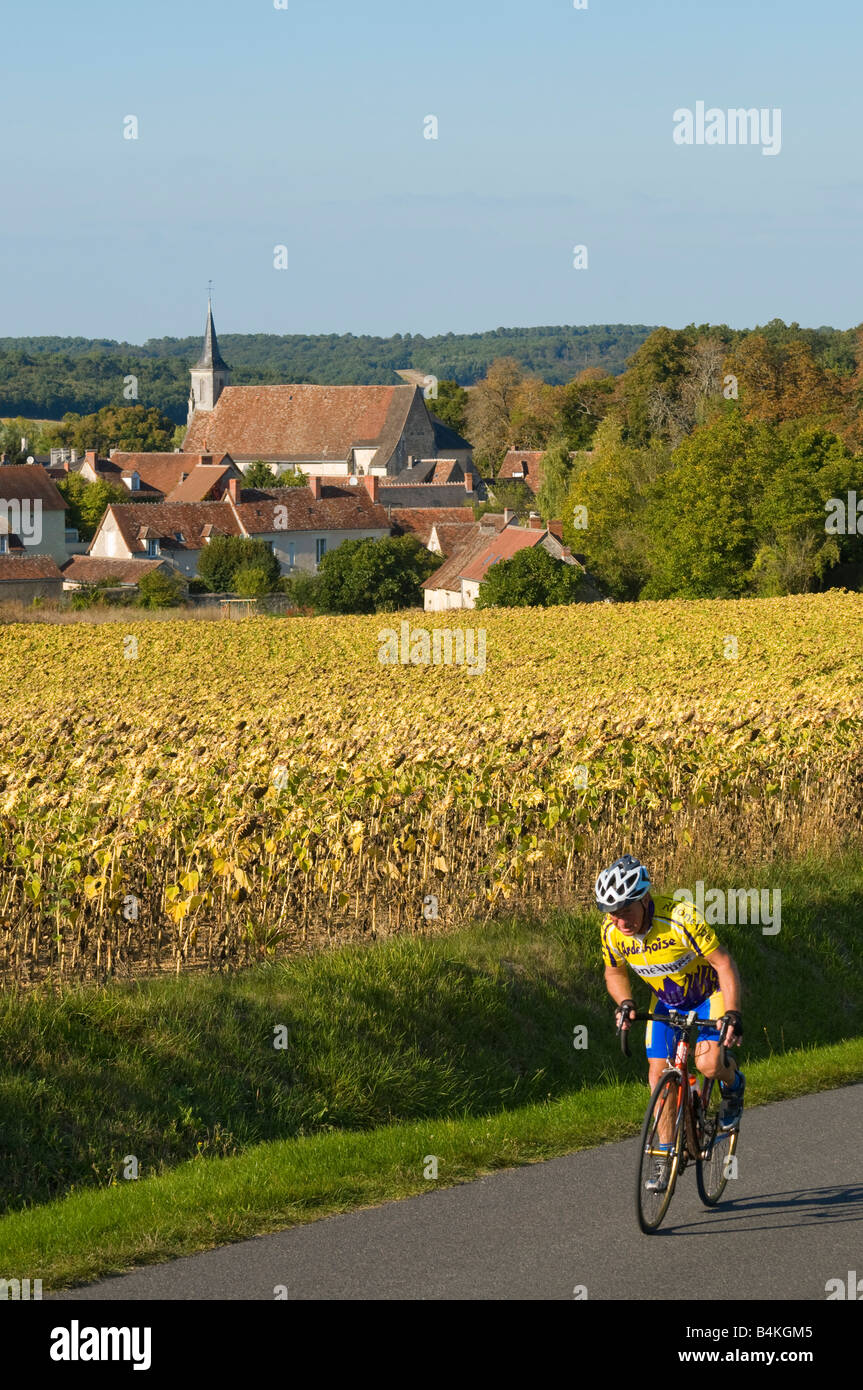 Boussay Dorfkirche und Sonnenblumen, Indre-et-Loire, Frankreich. Stockfoto