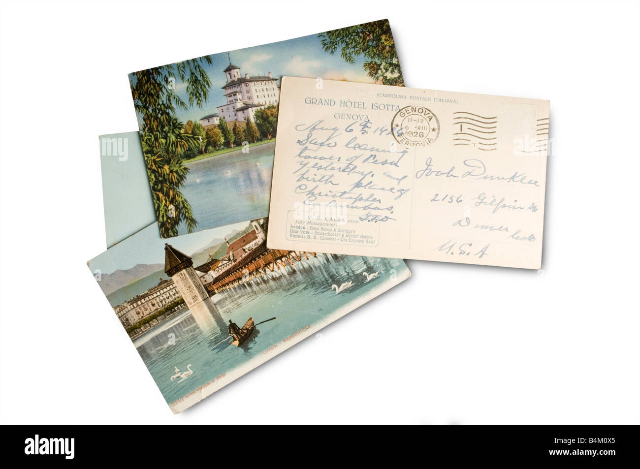 alte Postkarten auf weiß Stockfoto