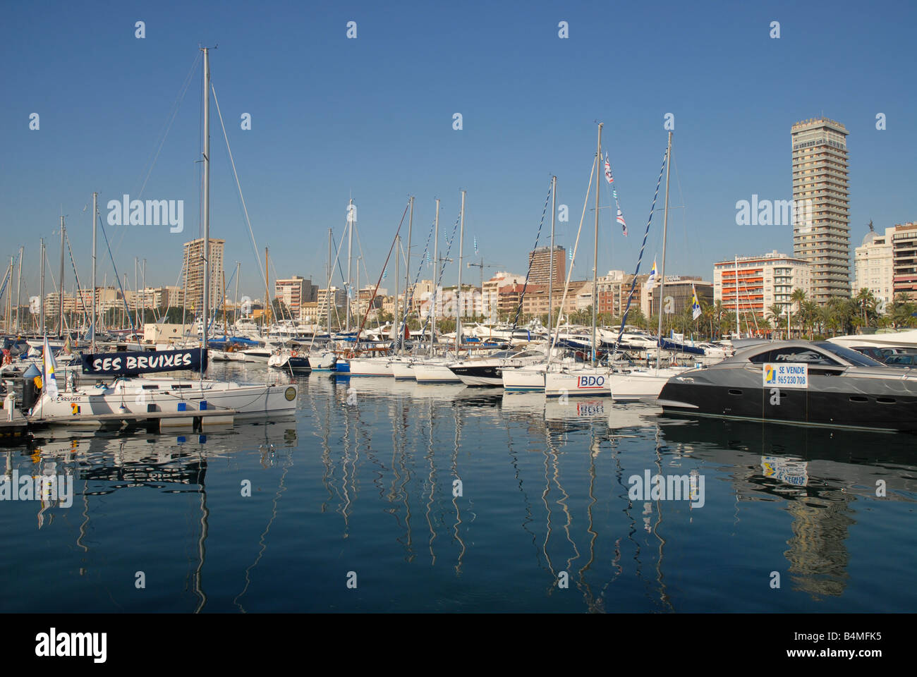Skyline der Stadt vom Yachthafen, Alicante, Provinz Alicante, Comunidad Valenciana, Spanien Stockfoto