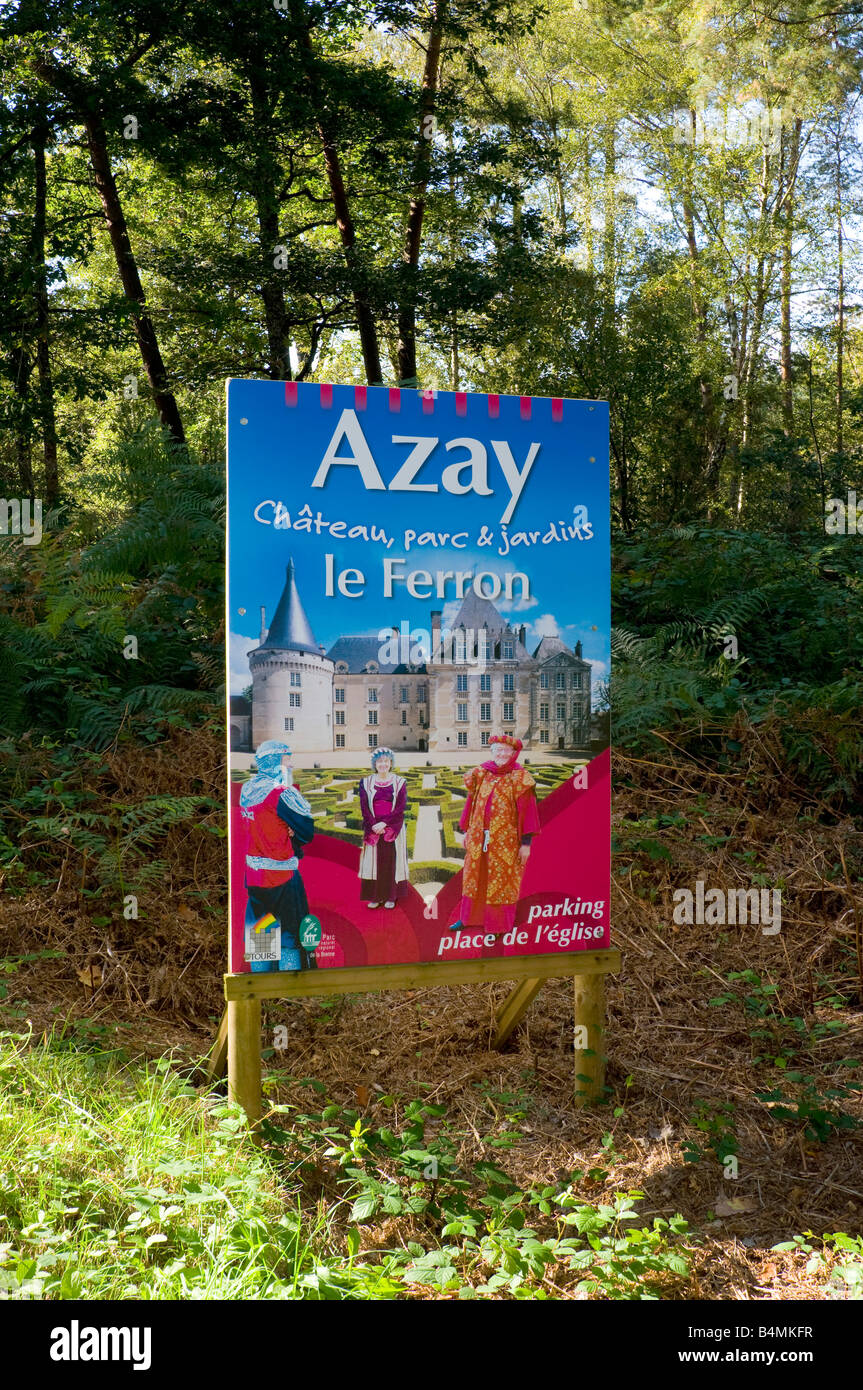 Azay le Ferron / Chateau, Parc & Jardins - Werbung Infotafel, Indre, Frankreich. Stockfoto