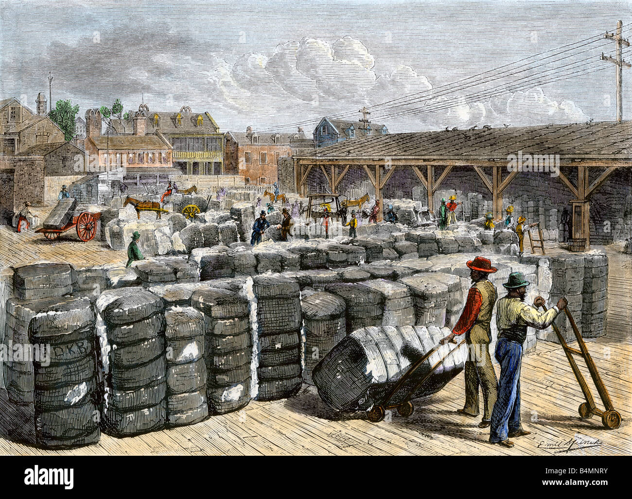 Schwarz die Stauer laden Ballen auf der Baumwolle Wharf in Charleston South Carolina 1870. Hand - farbige Holzschnitt Stockfoto