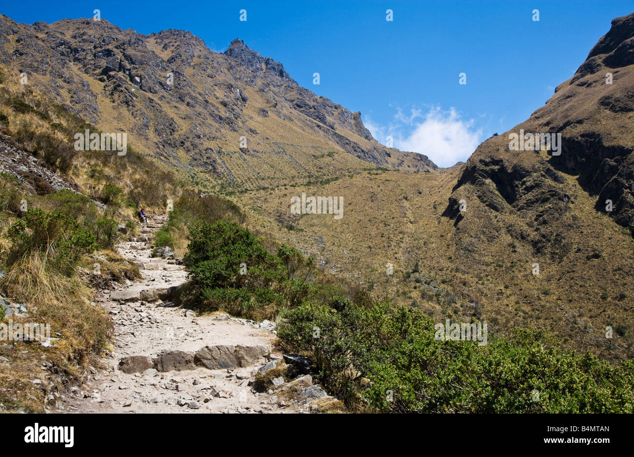 Blick auf den Inka-Trail-Pfad, Camino Inka, auf dem Weg zum Pass der toten Frau am zweiten Tag zwei der die viertägige Wanderung, Anden-Peru Stockfoto