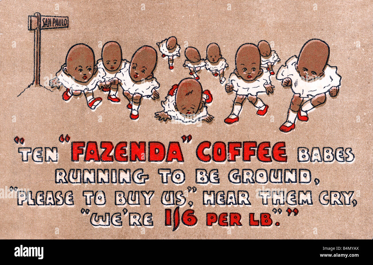 Englische Anzeige Fazenda Kaffee 1912 für die brasilianische Bohnen die kleine Kaffee-Babes laufen zu Boden Stockfoto