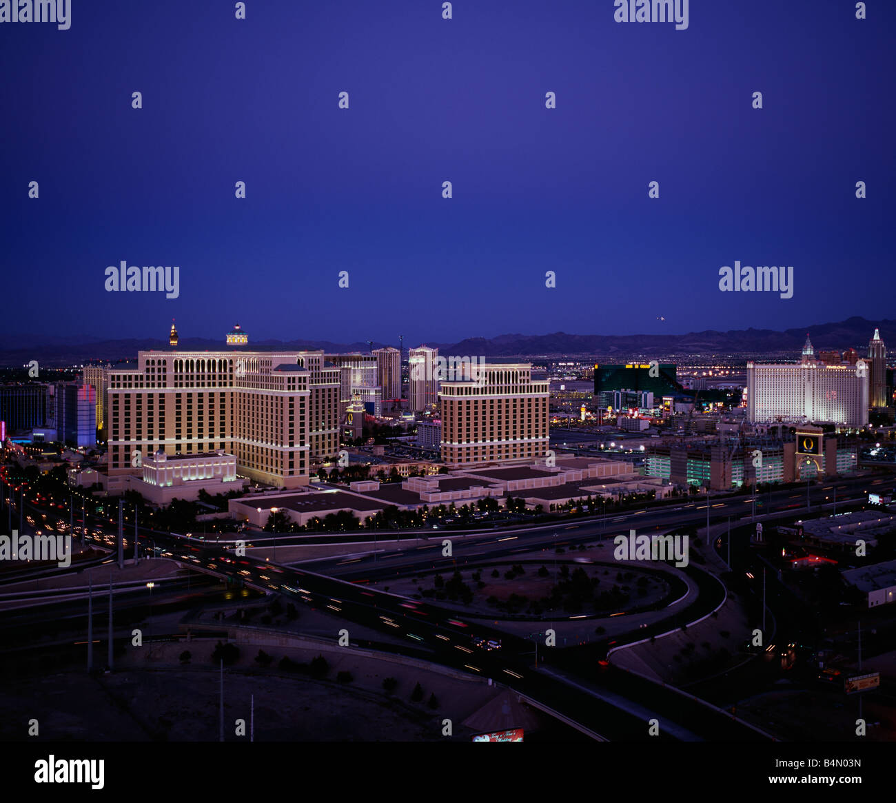 Hohen Winkel am frühen Abend Blick auf die Casinos am Las Vegas Boulevard Blick Südost Stockfoto