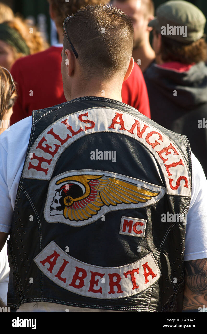 Niederlande Amsterdam Engel Platz Hells Angels Clubhaus Tag der offenen Tür Mitglied Nomad aus Kanada Alberta Stockfoto