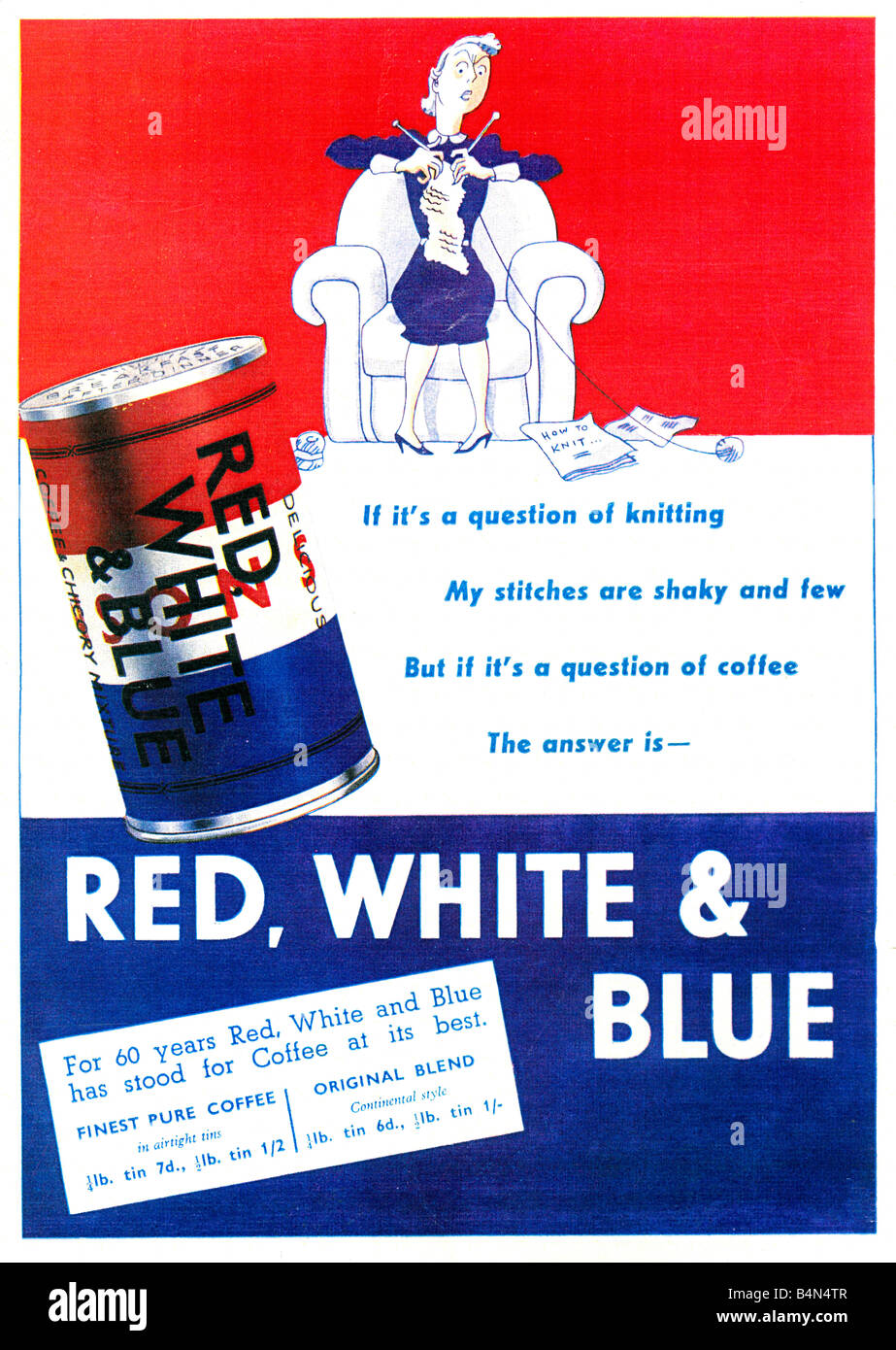 Rot weiß und blau Kaffee 1940 Anzeige für die englischen Kaffee- und Zichorien-Mischung, die perfekt für die Heimatfront Stockfoto