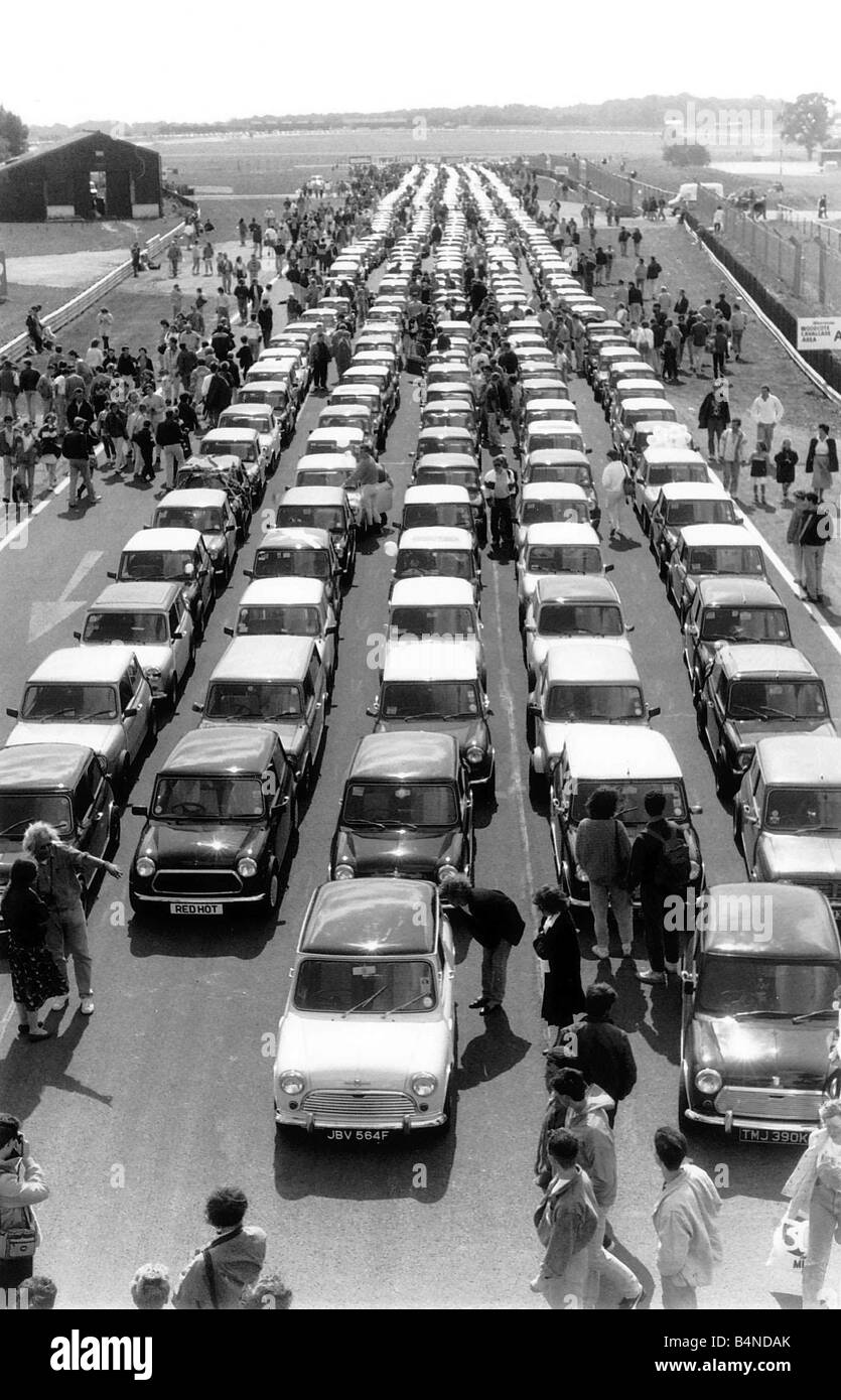 Mini war 30 Jahre alt, gestern August 1989 Mini-Besitzer ihre Autos Silverstone Rennen nahm, für eine riesige Geburtstagsfeier verfolgen Stockfoto