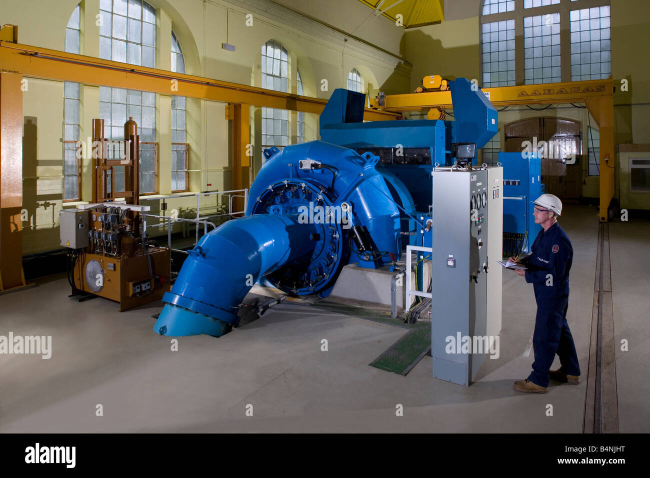 Innenraum der Cwm Dyli Wasserkraft Strom Haus Snowdonia saubere Stromgewinnung mit einer Francis-turbine Stockfoto