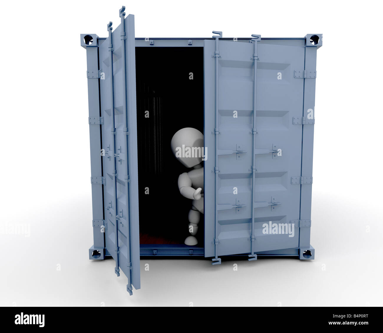 3D Rendern von jemandem in einem Frachtcontainer Stockfoto