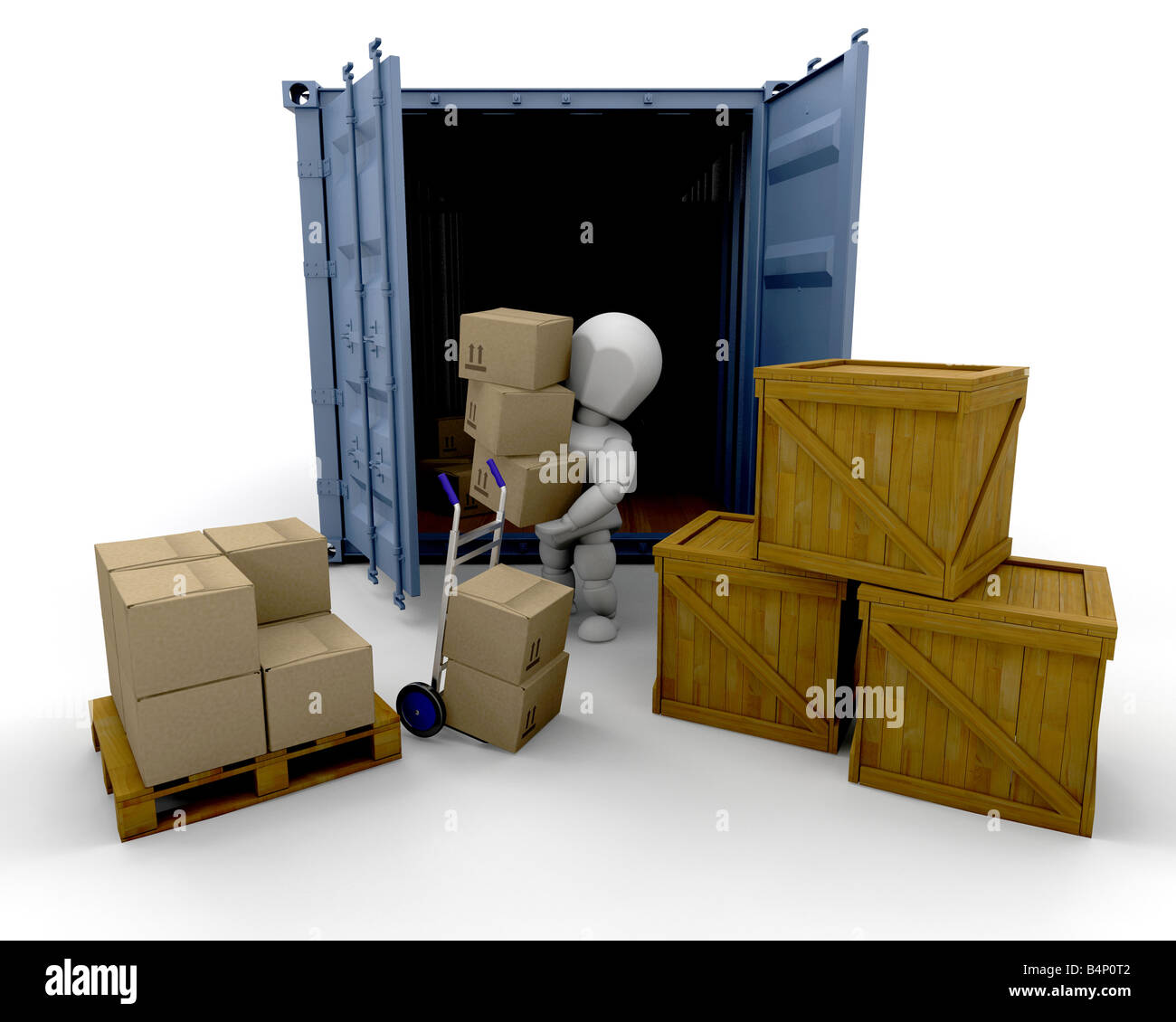 3D Rendern von jemandem Boxen aus einem Frachtcontainer entladen Stockfoto