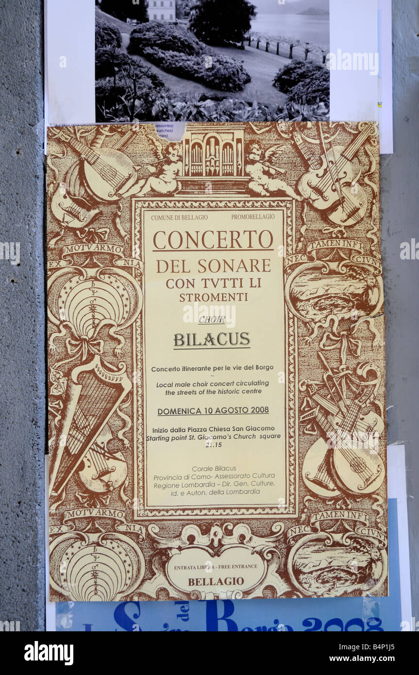 Konzertplakat in Bellagio in Norditalien Stockfoto
