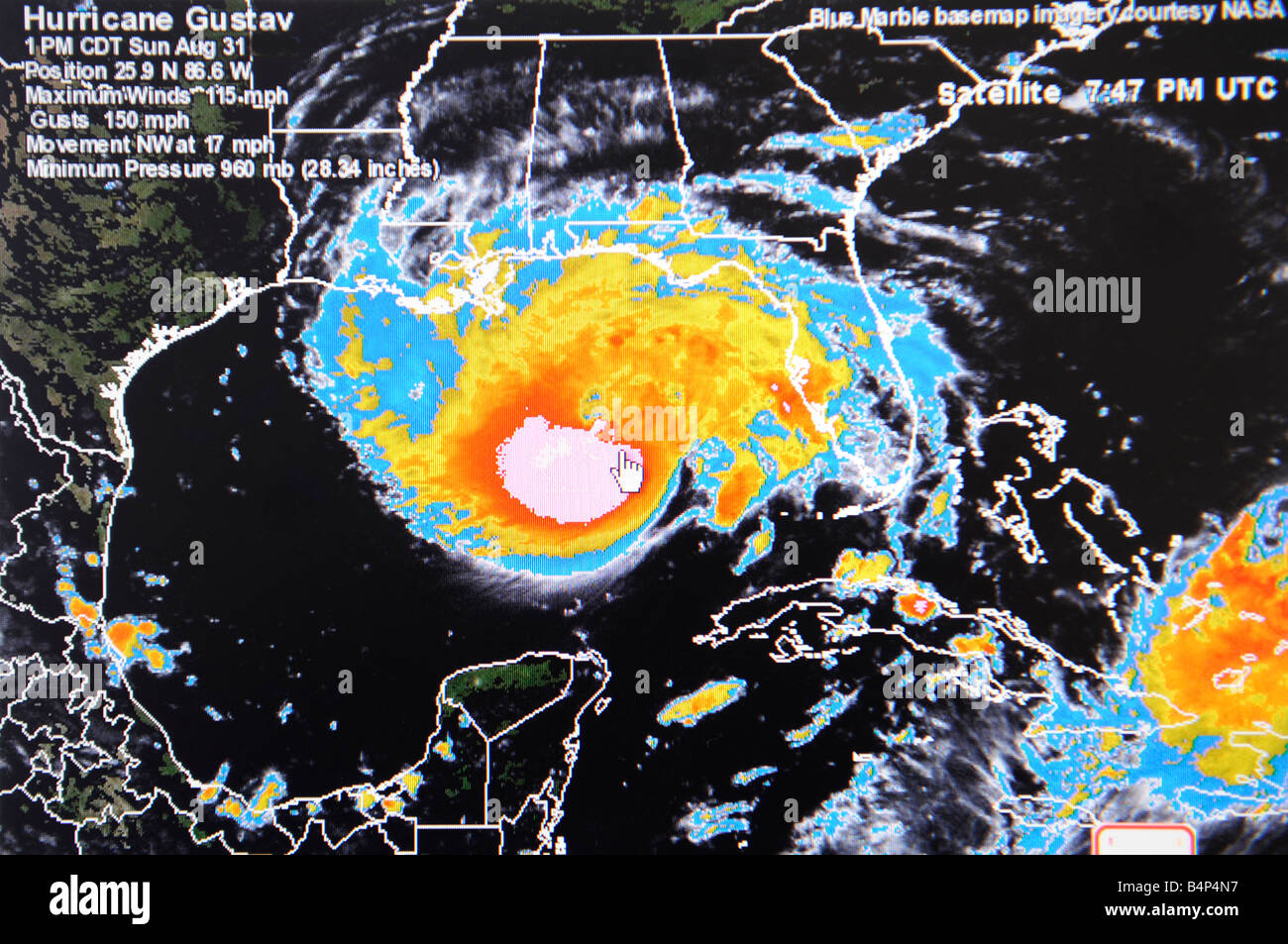 Hurricane Satellit Wetterkarte im Internet und im TV Fernsehen aus gesehen Stockfoto