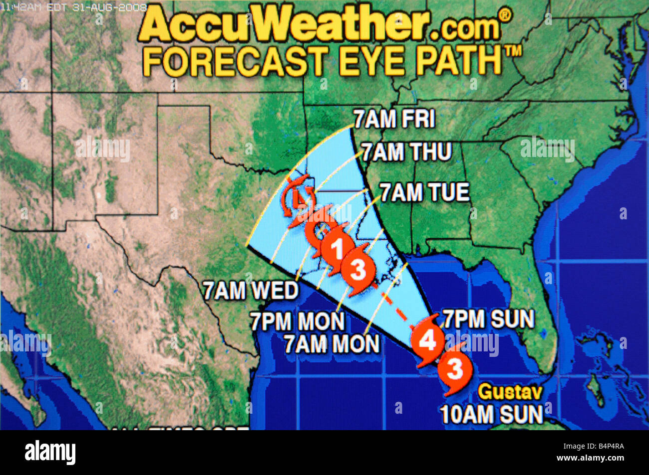 Hurricane Satellit Wetterkarte im Internet und im TV Fernsehen aus gesehen Stockfoto