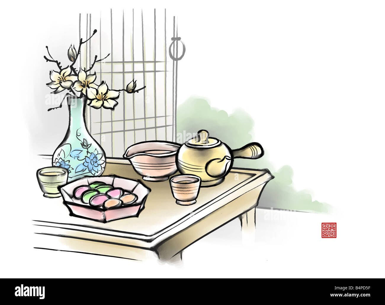 Malerei von Teekanne, Schüssel, Tassen, Cookies und Vase auf Tisch Stockfoto