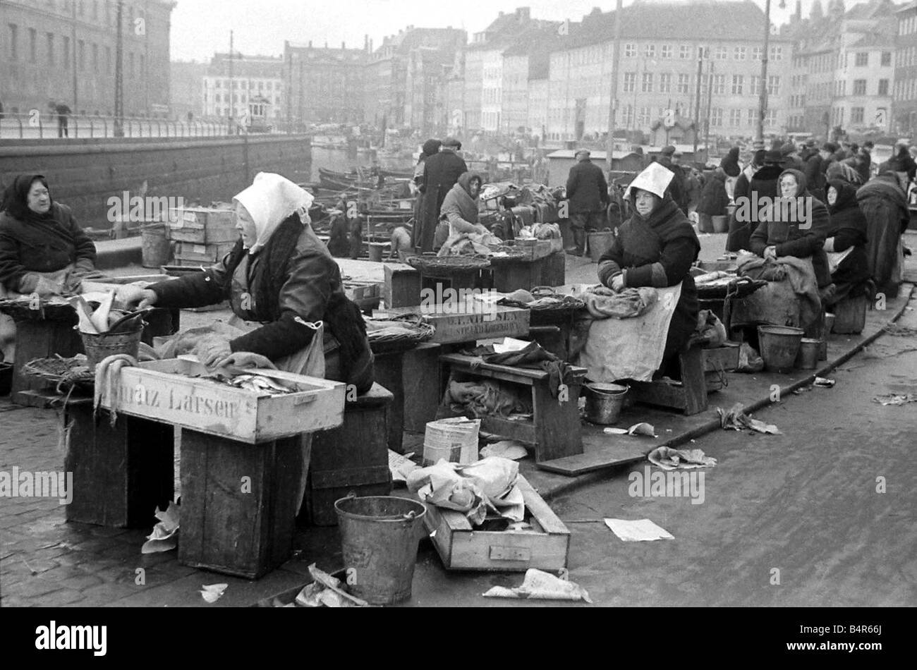 Szene aus Copenhagen s Fisch Markt unser Bild zeigt A Frauen ausnehmen Fisch am Kai Dezember 1946 Stockfoto