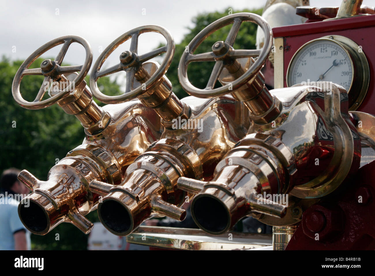 Messing Armaturen auf ein Oldtimer Feuerwehrauto auf der Mintlaw Gala in Schottland Stockfoto