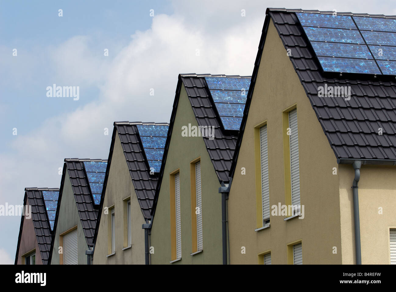 Solarenergie-Wohnsiedlung, Gelsenkirchen-Bismark, Nord Rhein Westfalen, Deutschland. Stockfoto