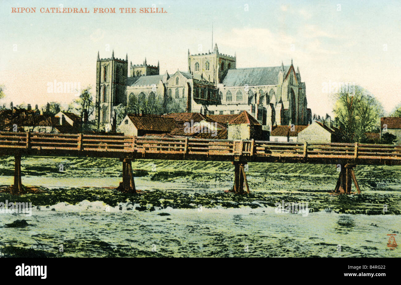 Alte Vintage British Bild topographische Postkarte von Ripon Kathedrale von The Skell Yorkshire 1900 s für nur zur redaktionellen Nutzung Stockfoto